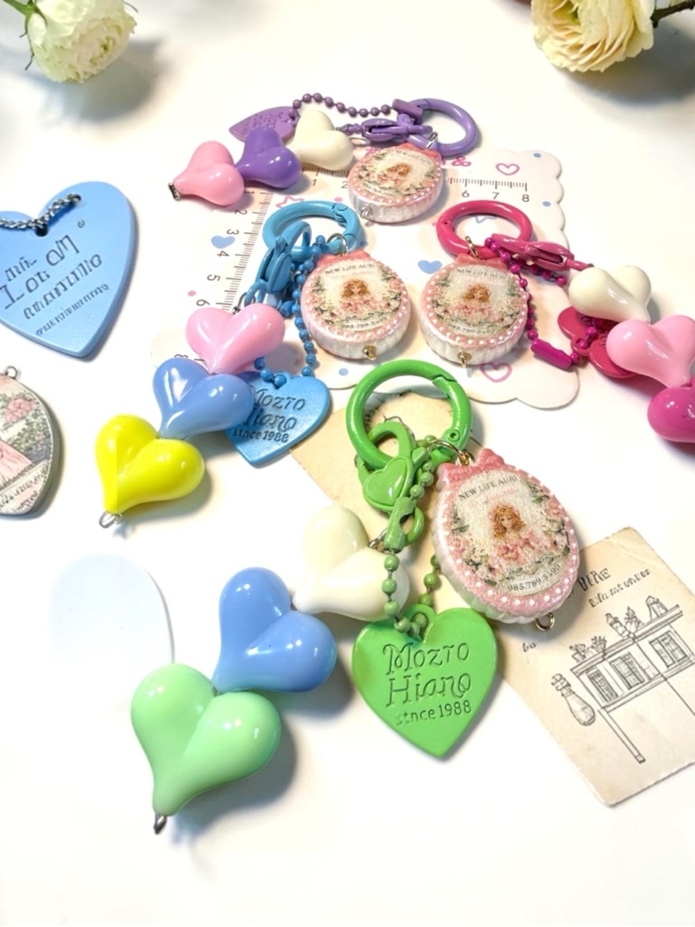 Lot of 2-Cute Pastel Heart Keychain with Vintage Portrait Charm